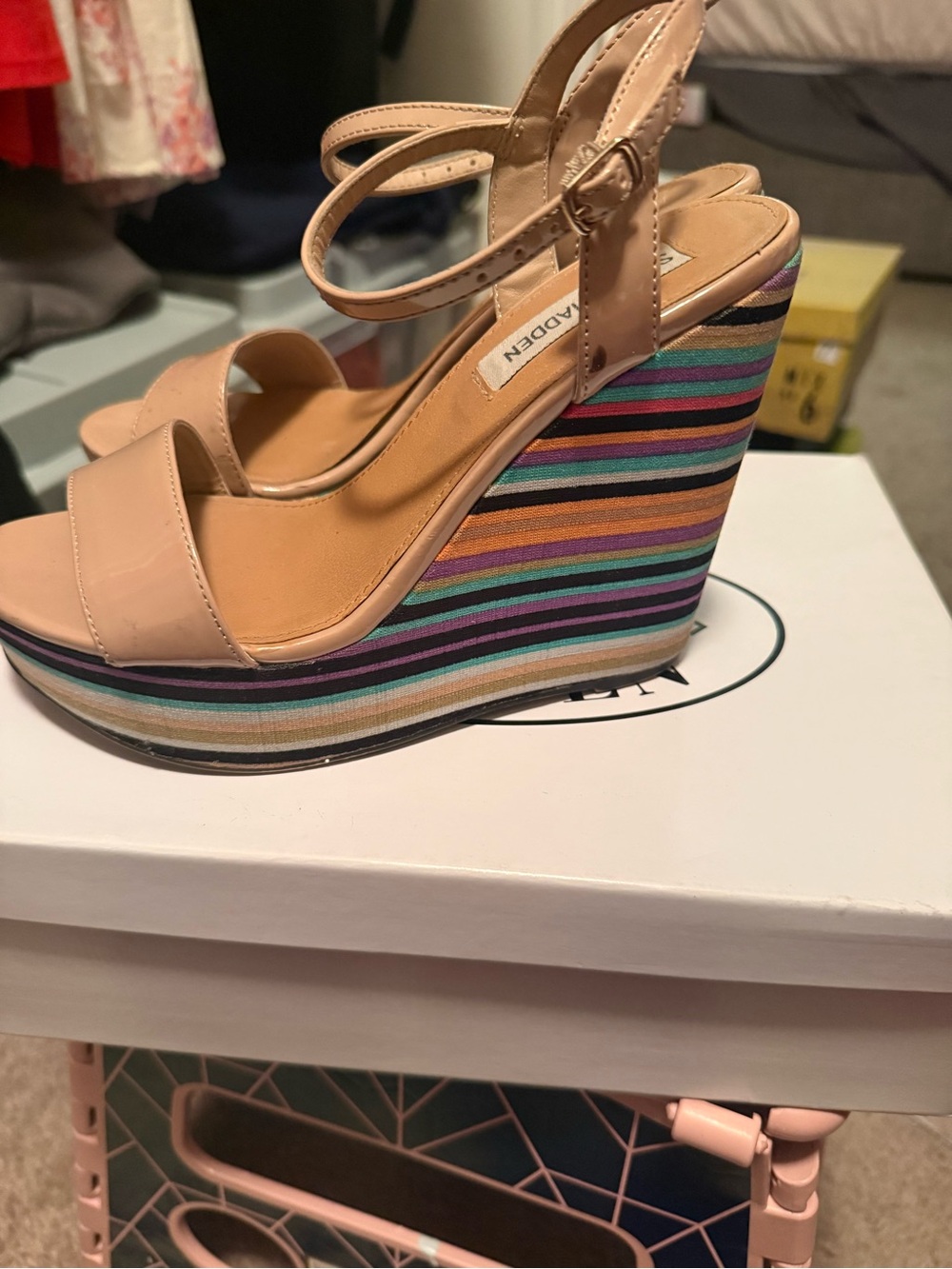 Steve Madden Nude Patent Strappy Wedges with Multi-Color Striped Platform
